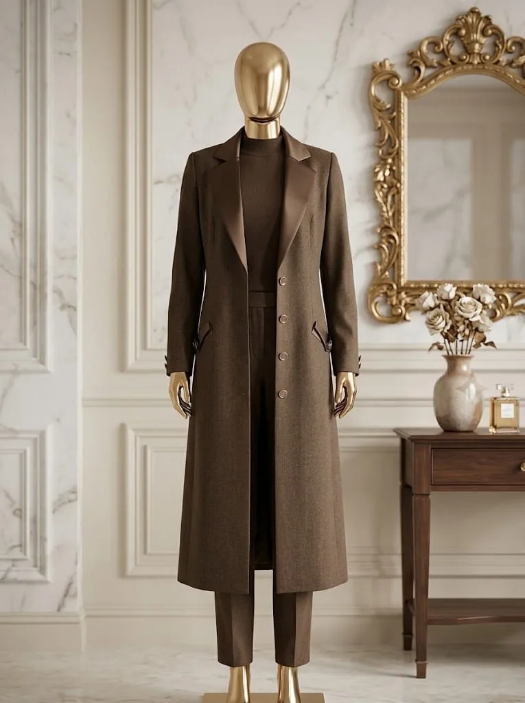 Elegant Brown Long Wool Coat with Satin Collar