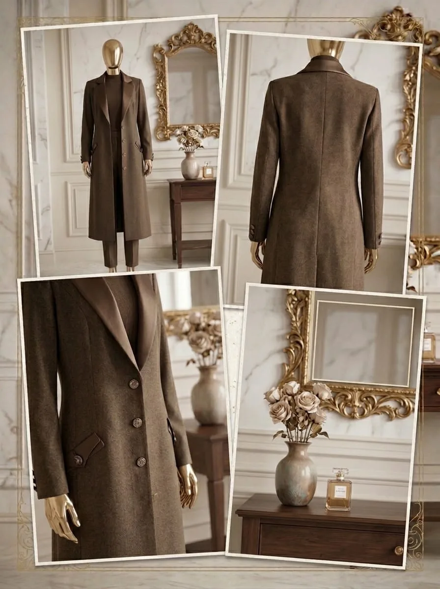 Elegant Brown Long Wool Coat with Satin Collar 2
