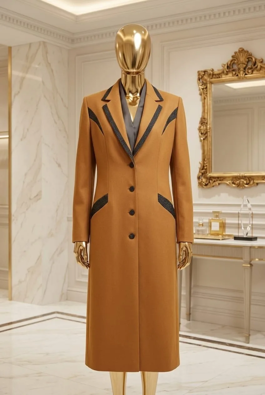 Caramel Noir Designer Trim Long Coat