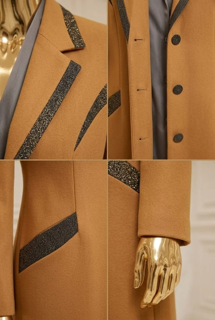 Caramel Noir Designer Trim Long Coat 2