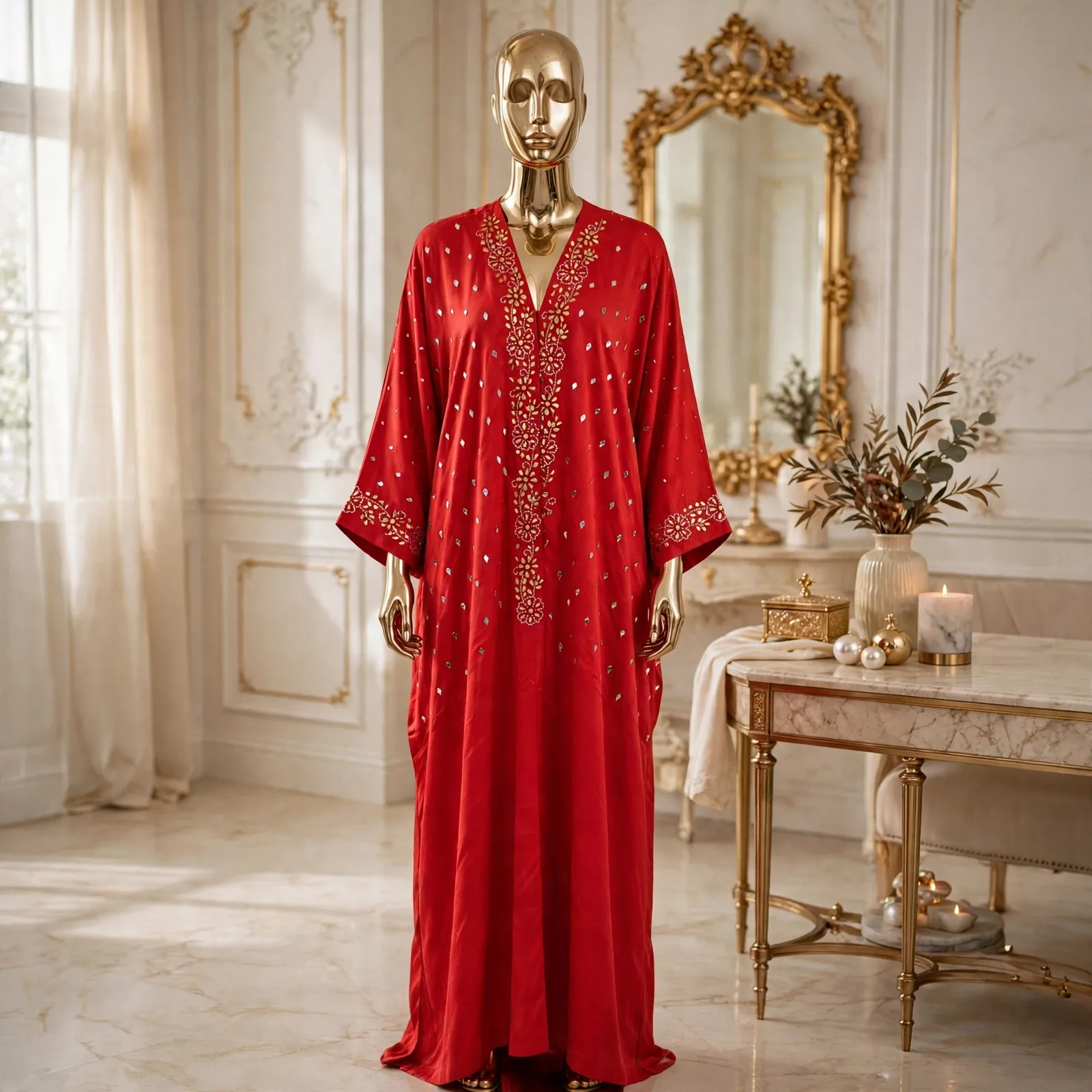 Red Rose Gala Mukesh Kaftan - Handcrafted