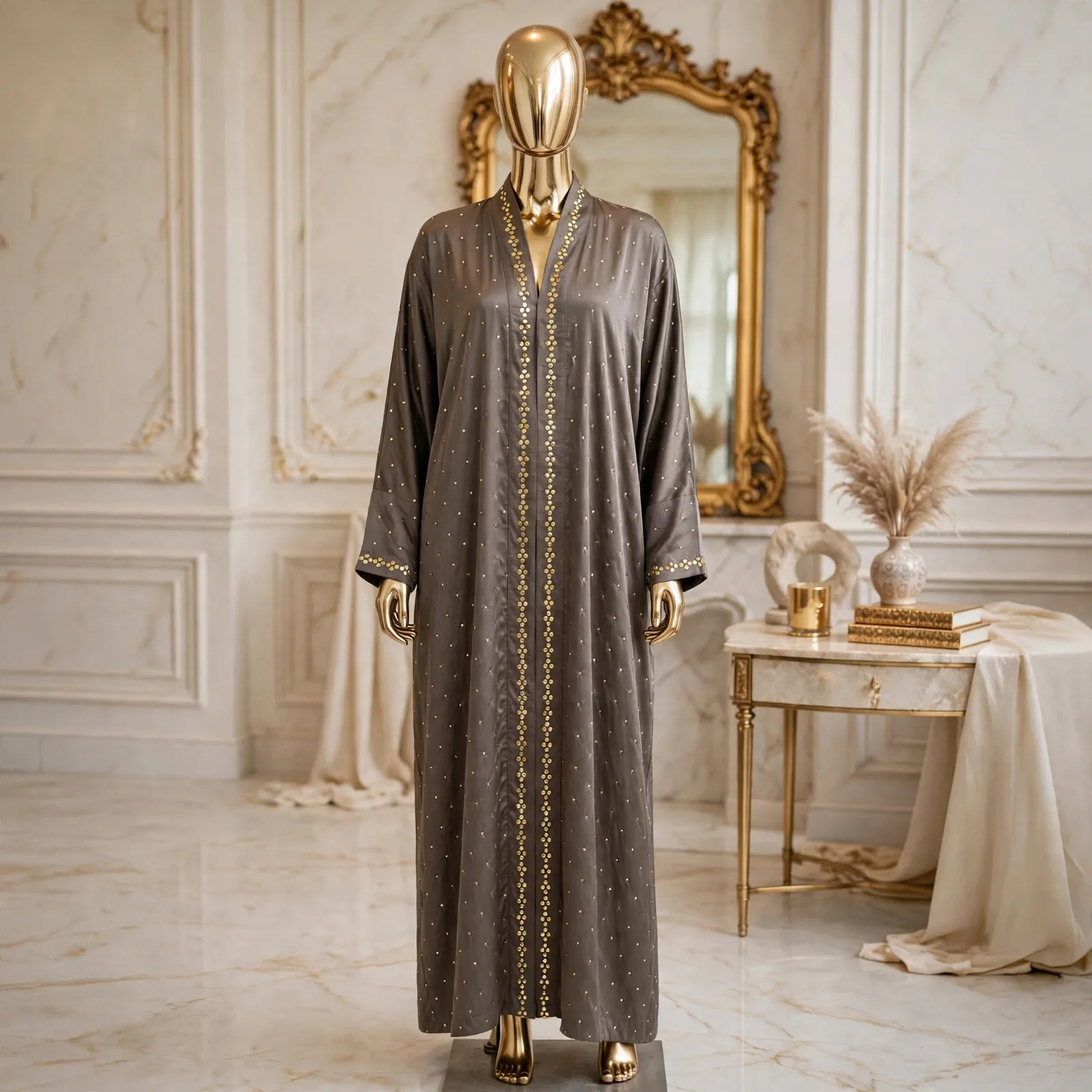 Taupe Grey Golden Mukesh Abaya