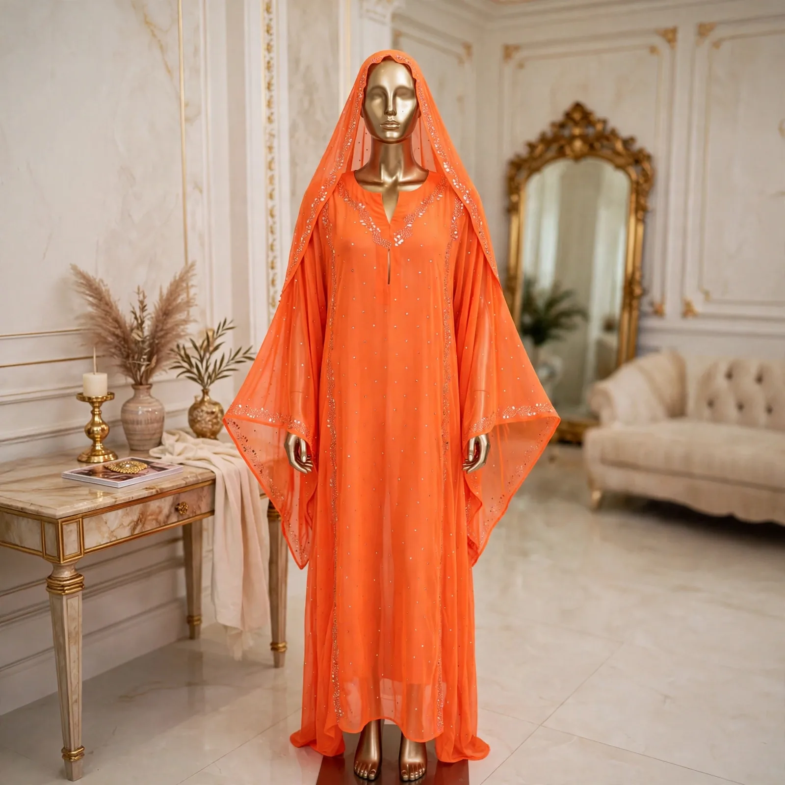 Tangerine Orange - Handmade Silver Mukesh Kaftan