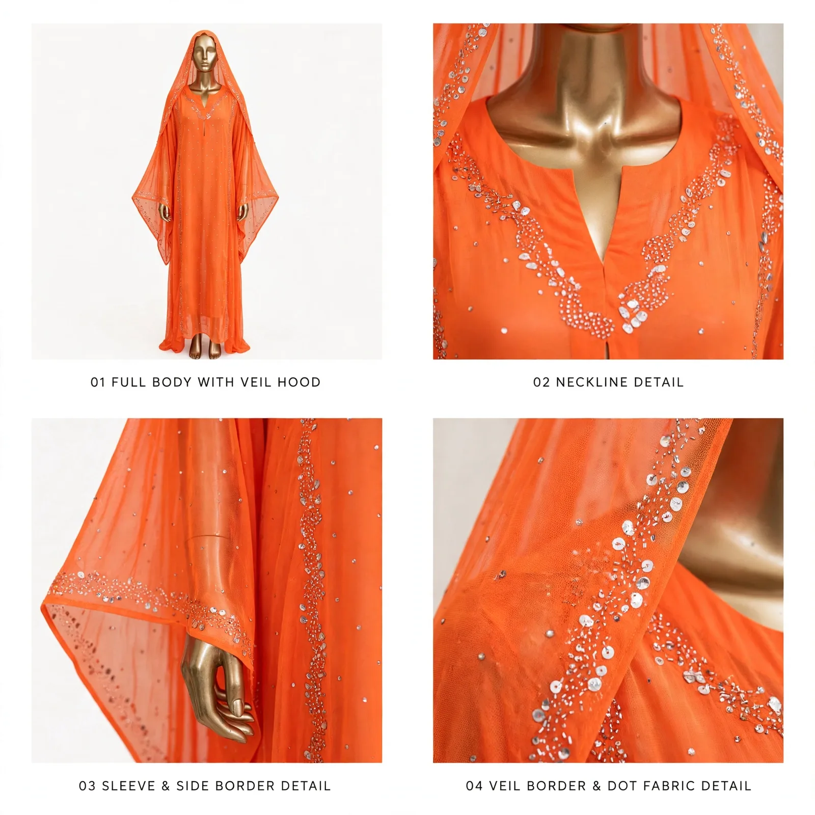 Tangerine Orange - Handmade Silver Mukesh Kaftan 2