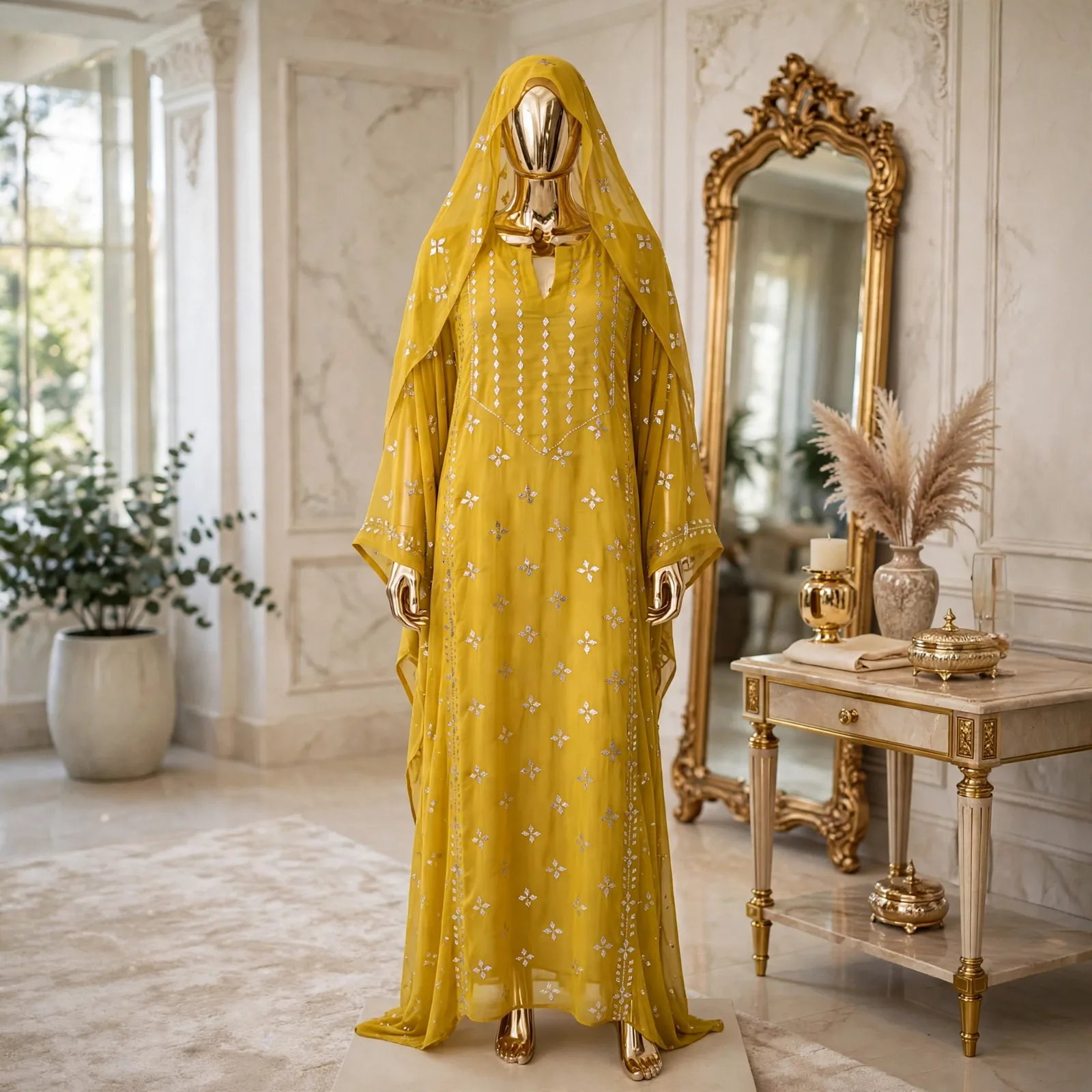 Mustard Yellow Silver Mukesh Hooded Kaftan