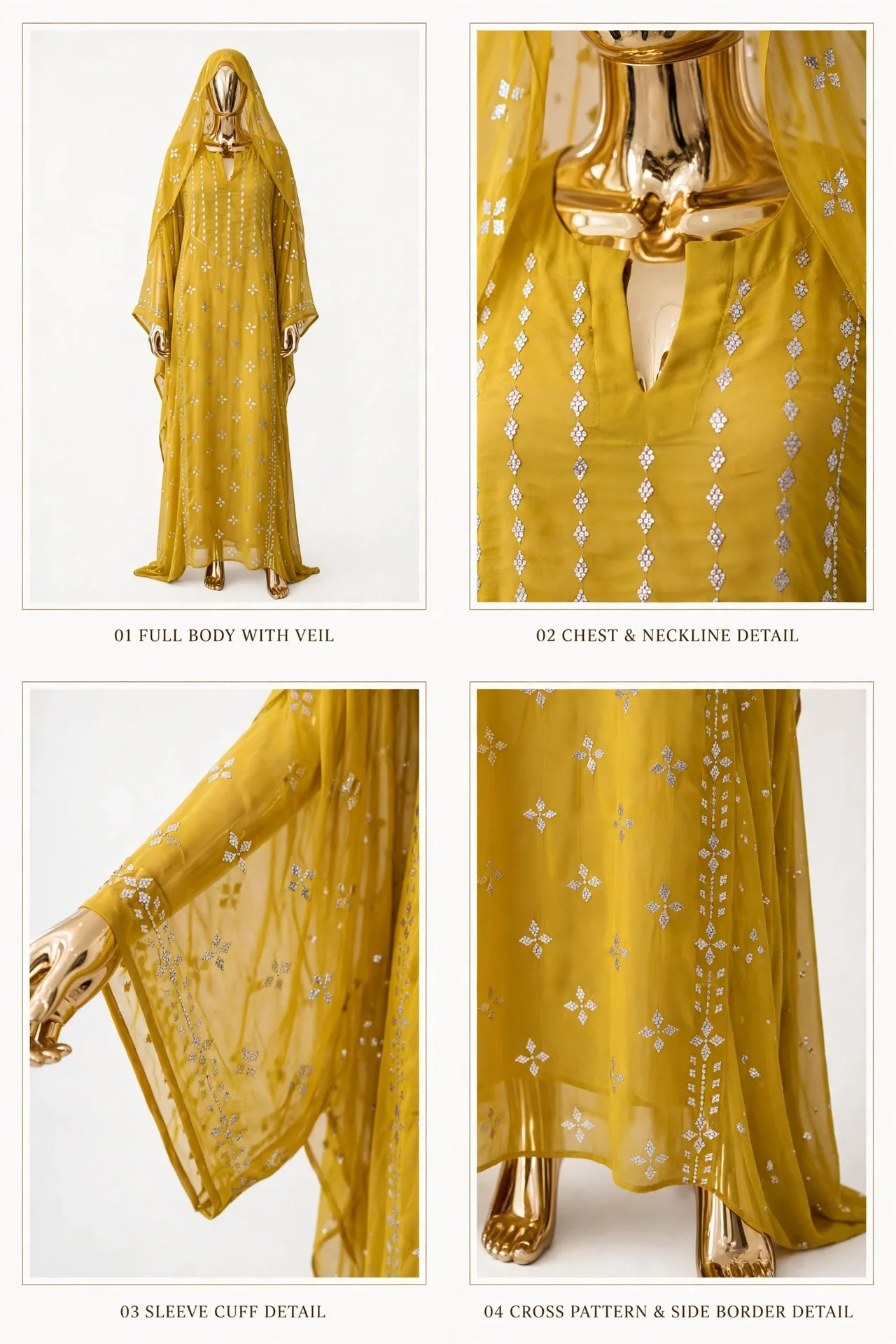 Mustard Yellow Silver Mukesh Hooded Kaftan 2