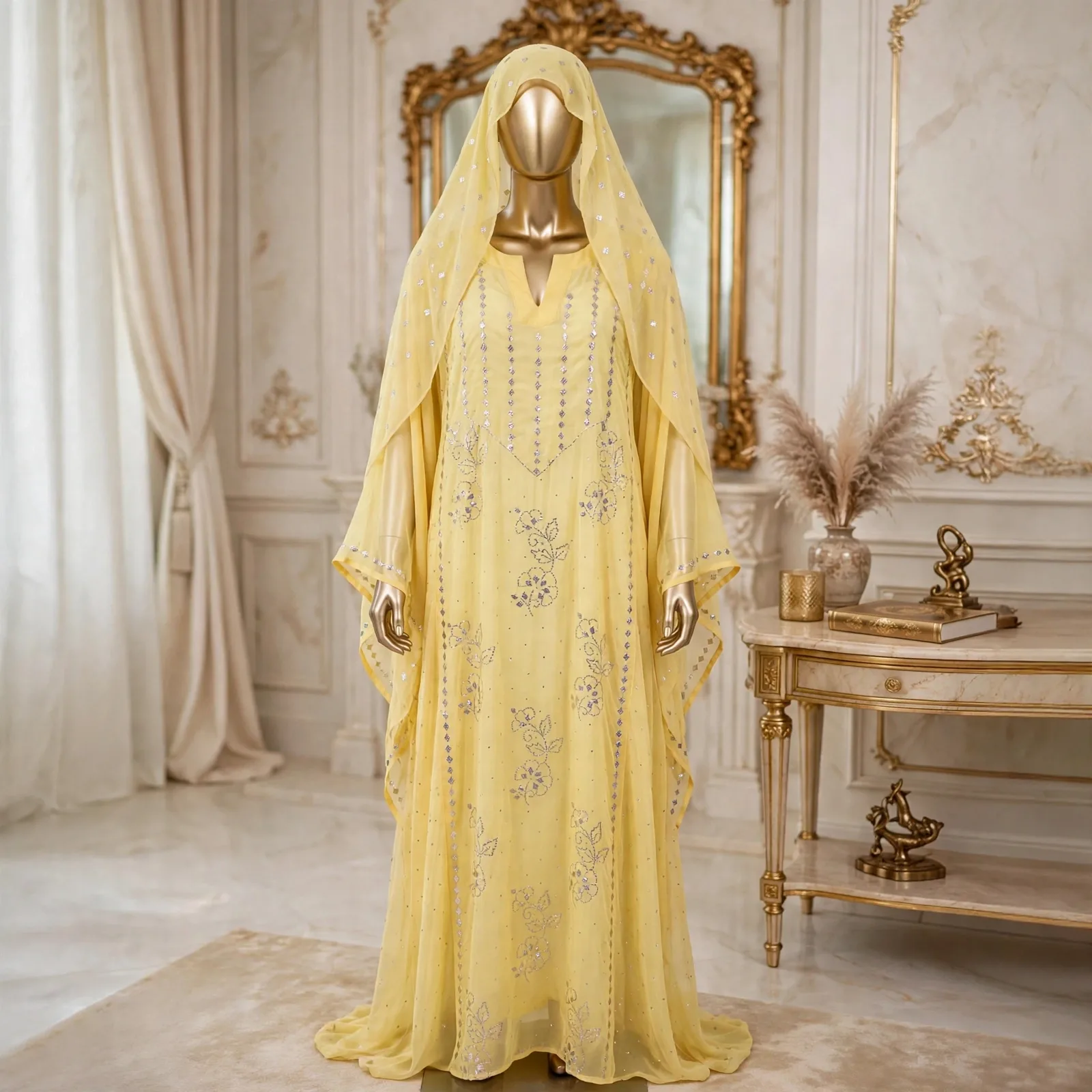Lemon Yellow Silver Mukesh Hooded Kaftan