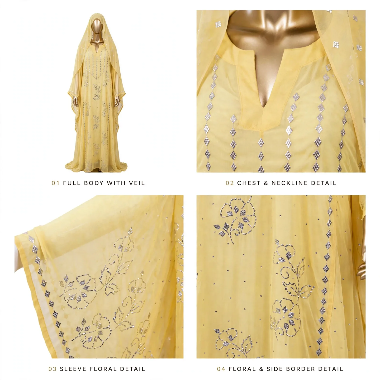 Lemon Yellow Silver Mukesh Hooded Kaftan 2