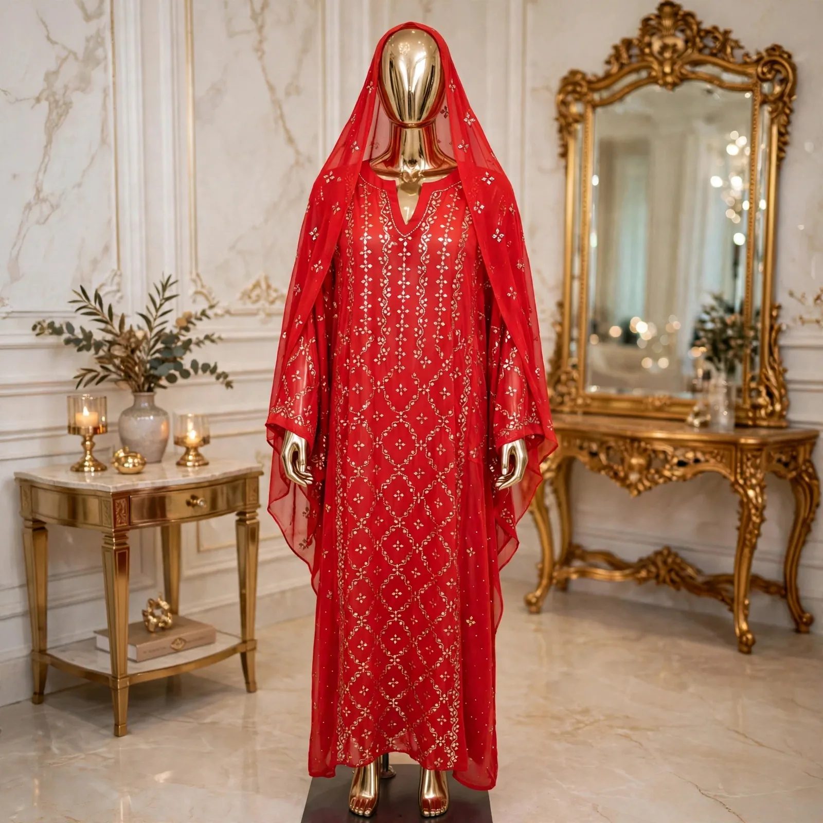 Bright Red Golden Mukesh Hooded Kaftan