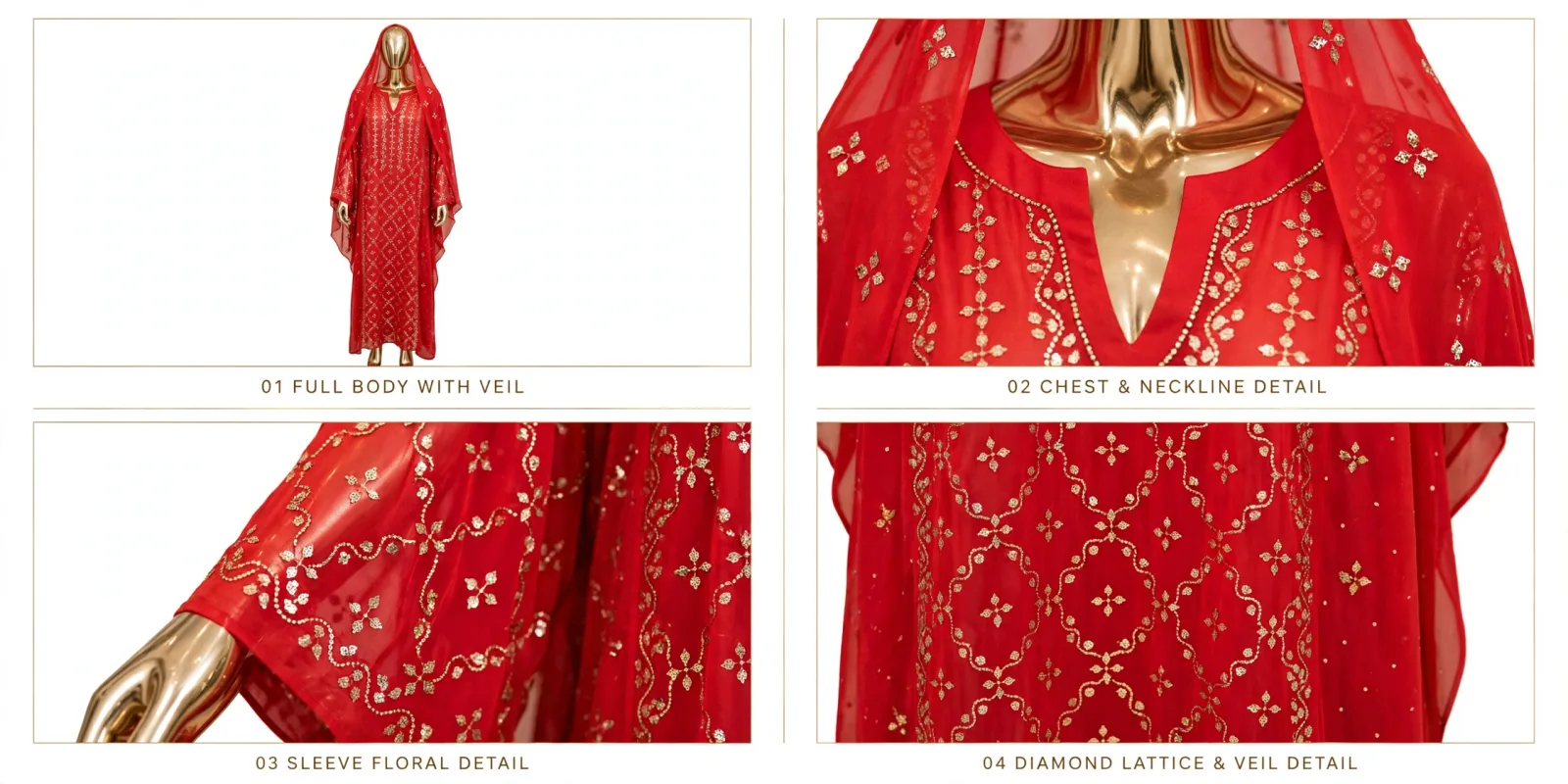 Bright Red Golden Mukesh Hooded Kaftan 2
