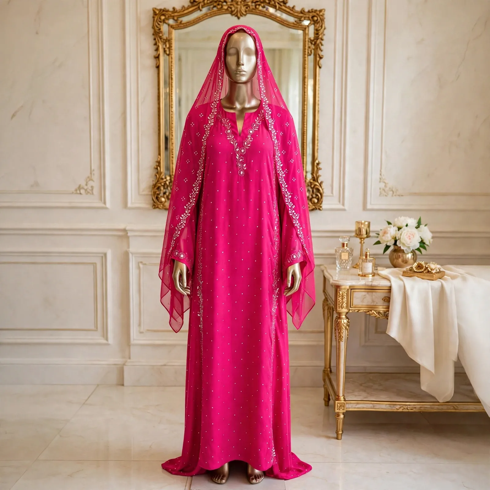 Pink Silver Mukesh Hooded Kaftan