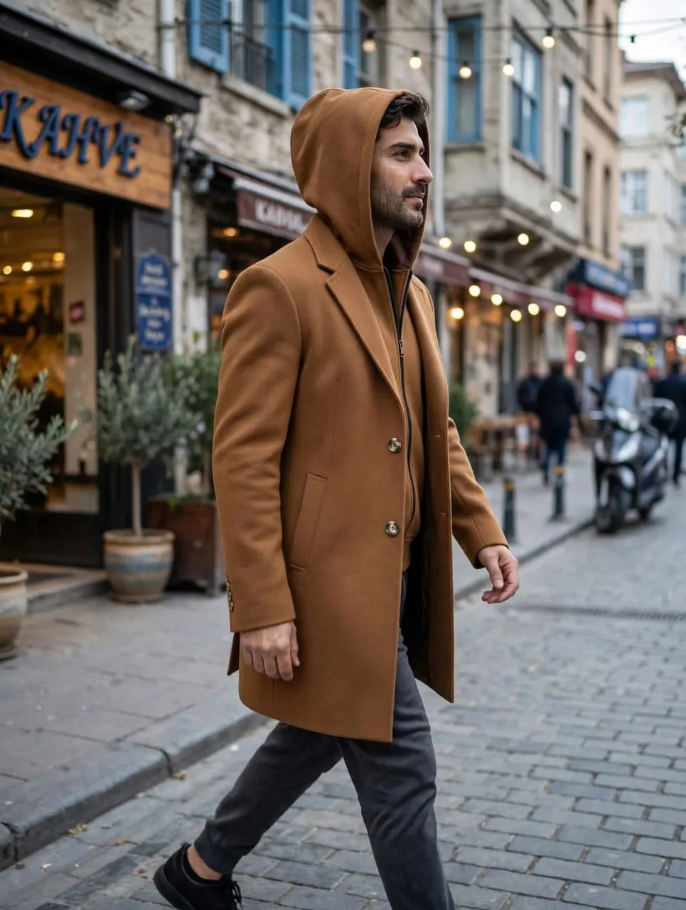 Camel Overcoat with Hooded Layering