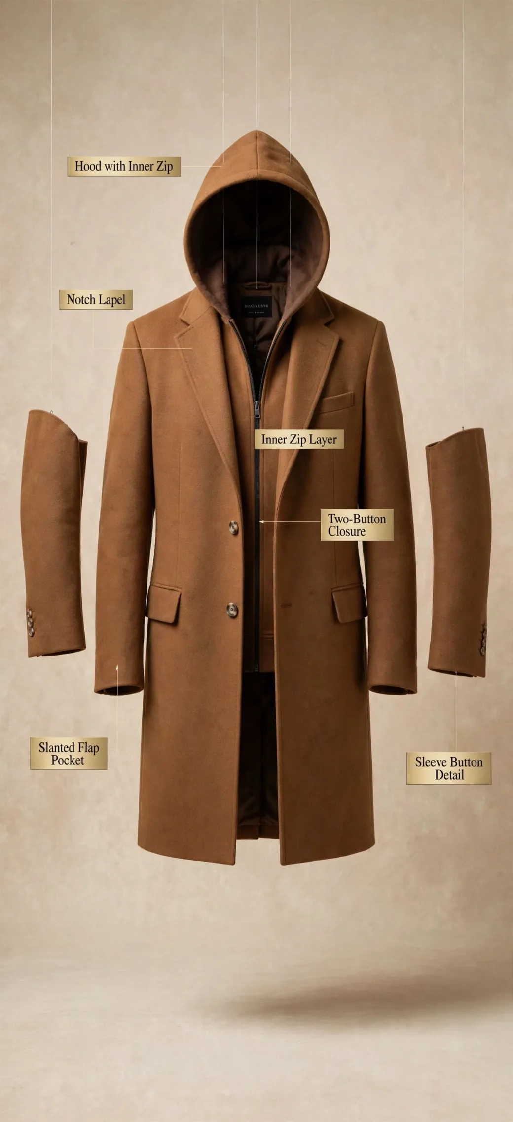 Camel Overcoat with Hooded Layering 2